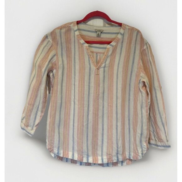LL Bean Striped Top V Neck 3/4 Sleeve Womens Blouse Button Detail M Linen - Picture 1 of 9